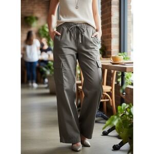Arizona Jean Co Women's Cargo Pants Olive Shadow Drawstring Waist Wide Leg-L